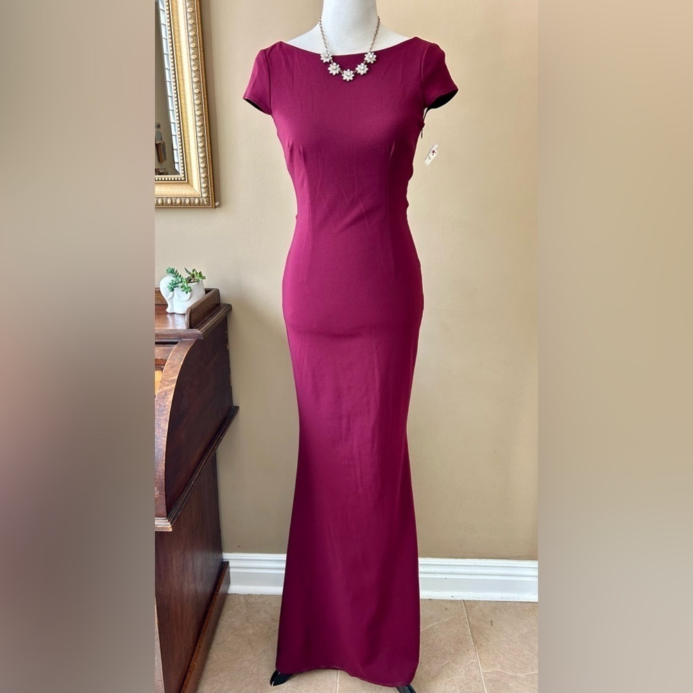 Katie May Intrigue Bow Gown Low Back Cap Sleeve Maxi Dress Burgundy Red 2 NWT